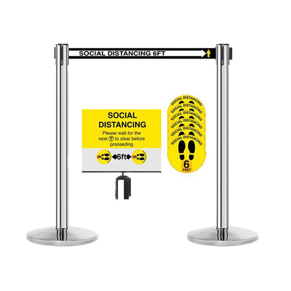 13ft Social Distancing Stainless Posts Bundle + Social Distancing Sign and Sticker Bundle