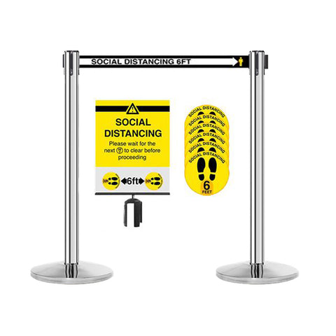 13ft Polished Stainless Posts Bundle (QueueMaster 550) + Social Distancing Floor Decal and Sign Bundle