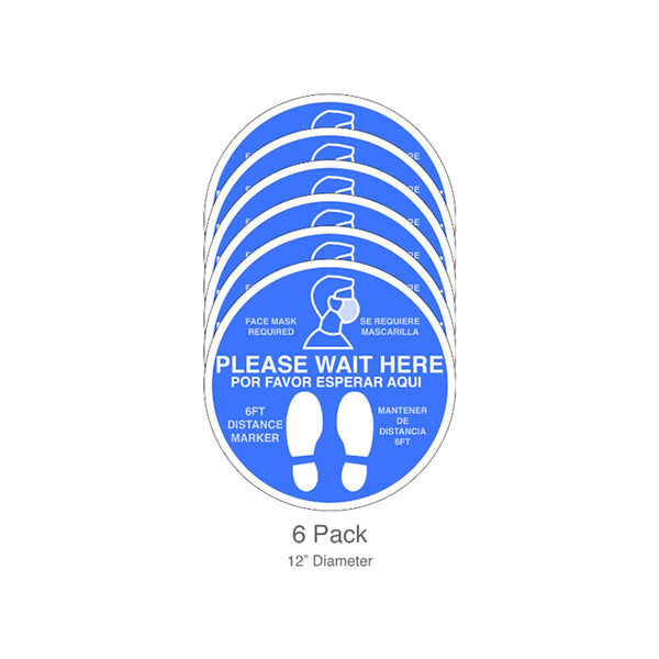 Please Wait Here/Face Mask Required, Blue Floor Decals, 12-inch, 6-pack