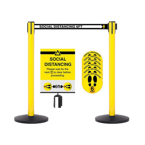 13ft Yellow Posts Bundle (SafetyMaster 250) + Social Distancing Floor Decal and Sign Bundle
